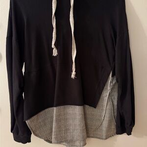 Hem & Thread Black Hoodie with Gray Plaid Accents